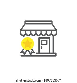 Store quality badge line icon. linear style sign for mobile concept and web design. Shopping quality guarantee outline vector icon. Symbol, logo illustration. Vector graphics