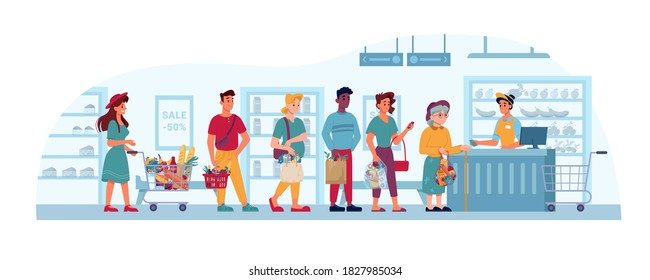 Store Queue, Supermarket Or Grocery, People In Line To Cashier, Vector Flat Cartoon. People In Queue Buying And Paying At Shop Checkout Counter, Man And Old Woman Waiting With Paper Bags And Baskets