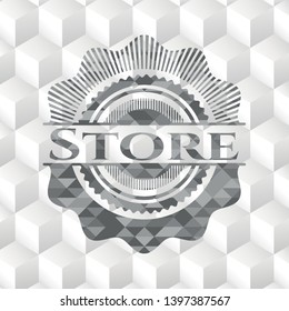Store realistic grey emblem with cube white background