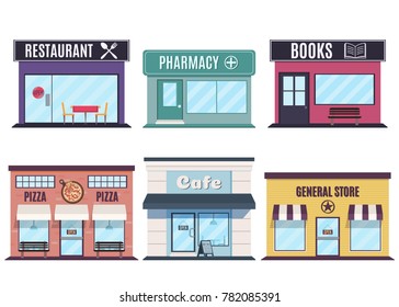 Store and restaurants facades. Fast Food Restaurants and shop buildings. Vector illustration in flat style