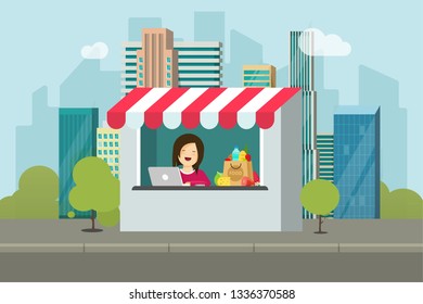 Store retail facade vector illustration, flat cartoon design of shop building on city street, storefront cafe or restaurant near park with seller person or saleswoman near town road