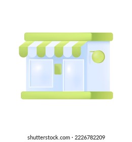Store or retail shop building 3D icon. Model of modern house with striped awning on green roof, window and door 3D vector illustration on white background. City architecture, small business concept