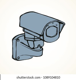 Store robbery prevention video webcam sign on white bank background. Line black ink hand drawn logo emblem in art modern doodle cartoon engraving style pen on paper. Isometric view with space for text