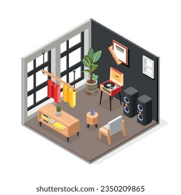 Store room isometric composition with isolated view of clothes shop room with cozy interior and loudspeakers vector illustration