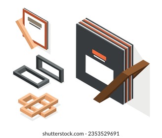 Almacenar la composición isométrica de la sala con iconos aislados de los soportes del marco y portapapeles en la ilustración vectorial de fondo en blanco