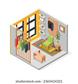 Store room isometric composition with isolated view of boutique interior with armchair and stands with clothes vector illustration