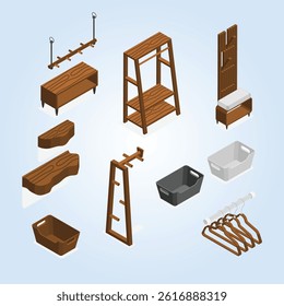 Store room isometric composition with isolated icons of hangers and clothes shop furniture on blank background vector illustration