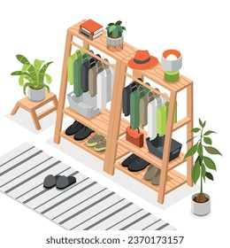 Store room isometric composition with view of shelf stand with clothes and shoes on blank background vector illustration