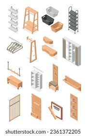 Almacenar el conjunto de habitación con iconos isométricos de elementos de mobiliario con soportes de rack colgadores y cestas ilustración vectorial