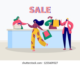 Store Sale Purchase Character Banner. Woman Shopping with Discount Card Concept. Offline Fashion Customer Payment. Flat Cartoon Vector Illustration