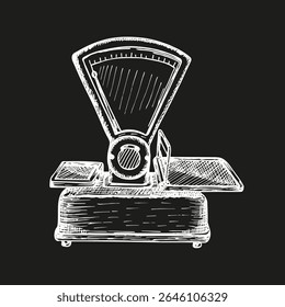 Store scales for measuring - hand drawn vector clipart. Sketch illustration, outline drawing in engraving style - store, market, shop concept