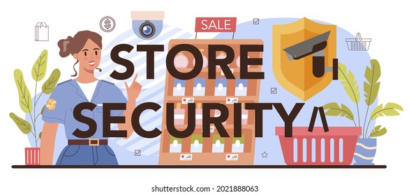Store security typographic header. Warehouse protection service. Entrepreneur stocktaking goods on showcases. Commercial activities. Retailing process idea. Flat vector illustration