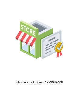 Store sertificate. Vector 3d isometric, color web icons set, new flat style. Creative illustration, idea for infographics.