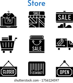 store set. included online shop, shopping bag, sale, shop, shopping cart, closed, delivery truck, barcode, open icons. filled styles.