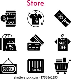 store set. included online shop, shopping bag, shirt, shopping cart, discount, closed, credit card, barcode icons. filled styles.