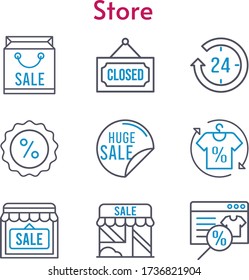 store set. included shopping bag, online shop, 24-hours, sale, shirt, shop, closed, discount icons. bicolor styles.