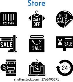 store set. included shopping bag, online shop, sale, 24-hours, shirt, barcode icons. filled styles.