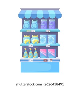 A store shelf with many bottles of laundry detergent on isolated background. Vector illustration in a flat style