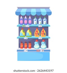A store shelf with many bottles of laundry detergent on isolated background. Vector illustration in a flat style