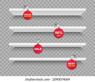 Store shelves with advertising wobbler labels. Realistic wobblers with discount sale and special offer hanging on supermarket shelves. Shop shelf price labels or sales point tag. Vector illustration.