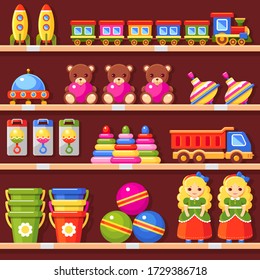 Store Shelves With Children's Toys. Kid's Shop Interior. Doll, Bear, Bucket, Ball, Rattle, Toy Pyramid, Truck, Ufo, Rocket, Whirligig And Train Set. Vector Colorful Illustration