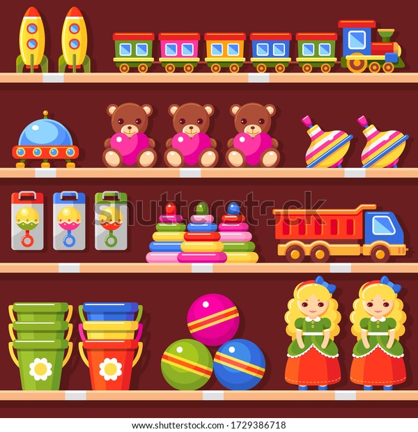 Store shelves\
with children\'s toys. Kid\'s shop interior. Doll, bear, bucket,\
ball, rattle, toy pyramid, truck, ufo, rocket, whirligig and train\
set. Vector colorful\
illustration
