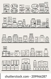 store shelves with different preserves and canned goods