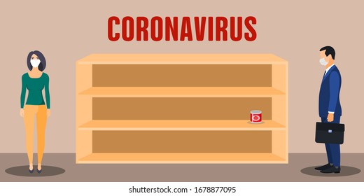 Store shelves, empty retail supermarket rack for products. People bought all the products in stores because of the virus epidemic. Empty shelves in stores. Coronavirus panic in stores