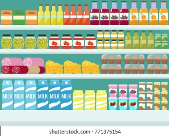 Store shelves with groceries, food and drinks. Vector flat illustration.