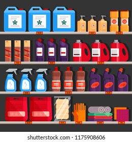 Store shelves with household chemical products. Household supplies aisle, cleaning agents in the supermarket used for washing, cleaning, laundry. Detergent and disinfectant products - flat vector