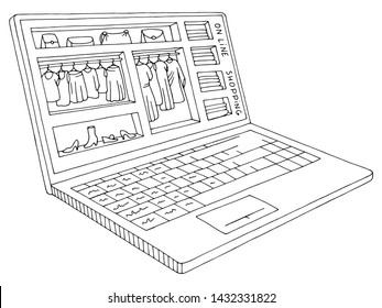 Store shelves in a laptop graphic black white isolated sketch illustration vector