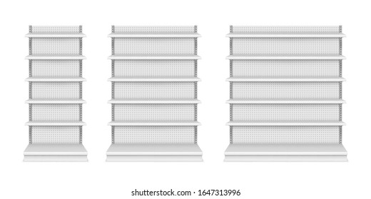 Store Shelves And Product Display Showcase, Vector Isolated Realistic Mockups. Supermarket And Store Display Stands And Racks With Empty Shelves And Perforated Background, 3D Isolated Models