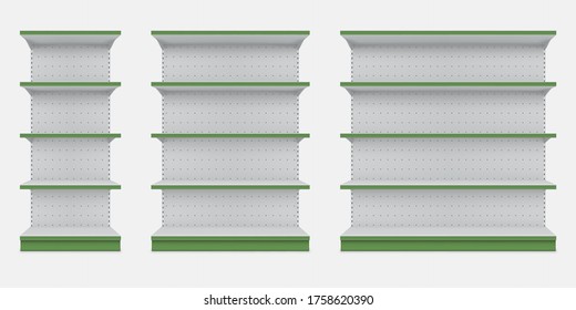 Store shelves, racks with green edge realistic mockups set. Showcases front view, different sized empty templates. Perfect merchandising display for retailers. Vector 3d store shelves illustration.