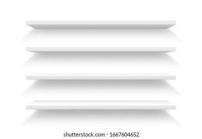 Store shelves of shop or market showcase display, retail industry realistic design. Vector mockup of white empty supermarket stand racks or bookshelves with shadows, product merchandising themes