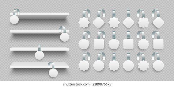 Store shelves with supermarket promotional wobblers. Product shelf and advertising wobbler. Grocery wall rack. Sale or discount label, special offer price tag. Vector illustration