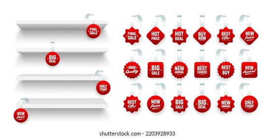 Store shelves with supermarket promotional wobblers. Product shelf and advertising wobbler. Grocery wall rack. Sale or discount label, special offer price tag. Vector illustration