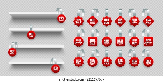 Store shelves with supermarket promotional wobblers. Product shelf and advertising wobbler. Grocery wall rack. Sale or discount label, special offer price tag. Vector illustration