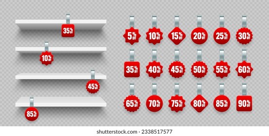 Store shelves with supermarket promotional wobblers. Product shelf and advertising wobbler with percent discount. Grocery wall rack. Sale label, special offer price tag. Vector illustration