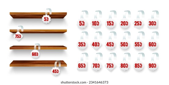 Store shelves with supermarket promotional wobblers. Wooden product shelf and advertising wobbler with percent discount. Grocery wall rack. Sale label, special offer price tag. Vector illustration