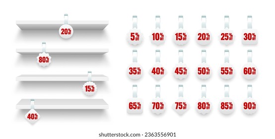 Store shelves with supermarket promotional wobblers. Product shelf and advertising wobbler with percent discount. Grocery wall rack. Sale label, special offer price tag. Vector illustration