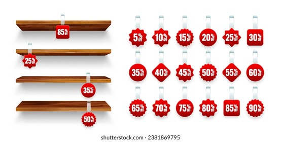 Store shelves with supermarket promotional wobblers. Wooden product shelf and advertising wobbler with percent discount. Grocery wall rack. Sale label, special offer price tag. Vector illustration