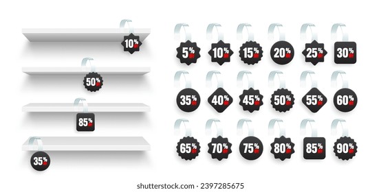 Store shelves with supermarket promotional wobblers. Product shelf and advertising wobbler with percent discount. Grocery wall rack. Sale label, special offer price tag. Vector illustration