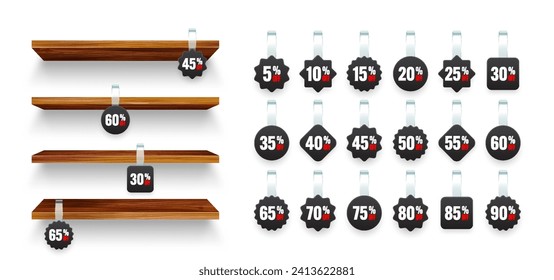 Store shelves with supermarket promotional wobblers. Wooden product shelf and advertising wobbler with percent discount. Grocery wall rack. Sale label, special offer price tag. Vector illustration