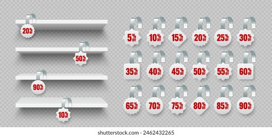 Regale mit Supermarkt-Werbe-Wobbler. Produkt-Regal und Werbung Wobbler mit prozentualem Rabatt. Wandregal für Lebensmittel. Sale Label, Sonderangebot Preis Tag. Vektorillustration