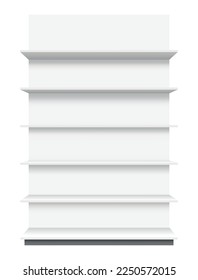 Store shelves. Supermarket showcase template. Set of white empty retail shelf rack. Mockup ready for your design. Isolated on white background