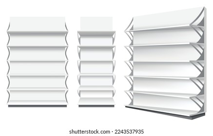 Store shelves. Wide supermarket showcase template. Set of white empty retail shelf rack. Mockup template ready for your design. Isolated on white background