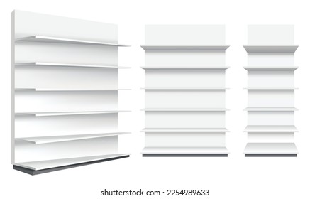 Store shelves. Wide supermarket showcase template. Set of white empty retail shelf rack. Mockup template ready for your design. Isolated on white background