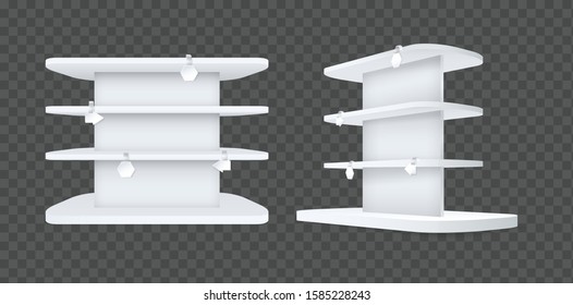 Store shelves with wobbler templates mockup. Realistic empty shelving stands for retail on supermarket. Advertise goods with help wobbler discount tags vector illustration