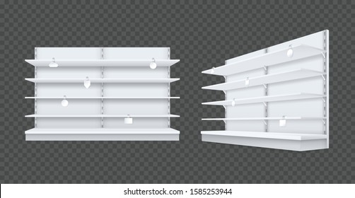 Store shelves with wobbler templates mockup. Realistic empty shelving stands for retail on supermarket. Advertise goods with help wobbler discount tags vector illustration