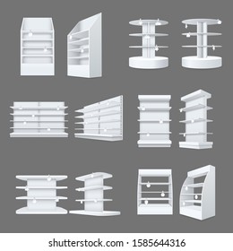 Store shelves with wobbler templates mockup set. Realistic empty shelving stands for retail on supermarket. Advertise goods with help wobbler discount tags vector illustration